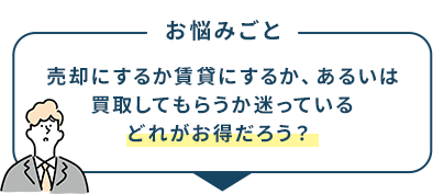 お悩みごと 売却にするか賃貸にするか、あるいは買取してもらうか迷っているどれがお得だろう？